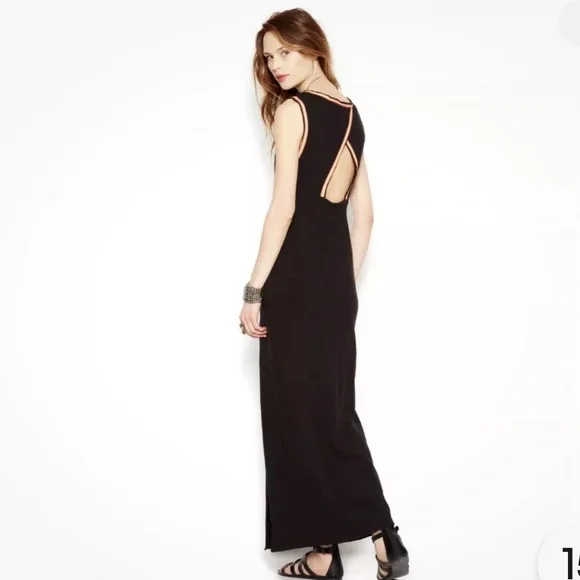 Free People Sabrina Black Cotton Knit Cut-Out-Back Maxi Dress Size Medium - Picture 6 of 14
